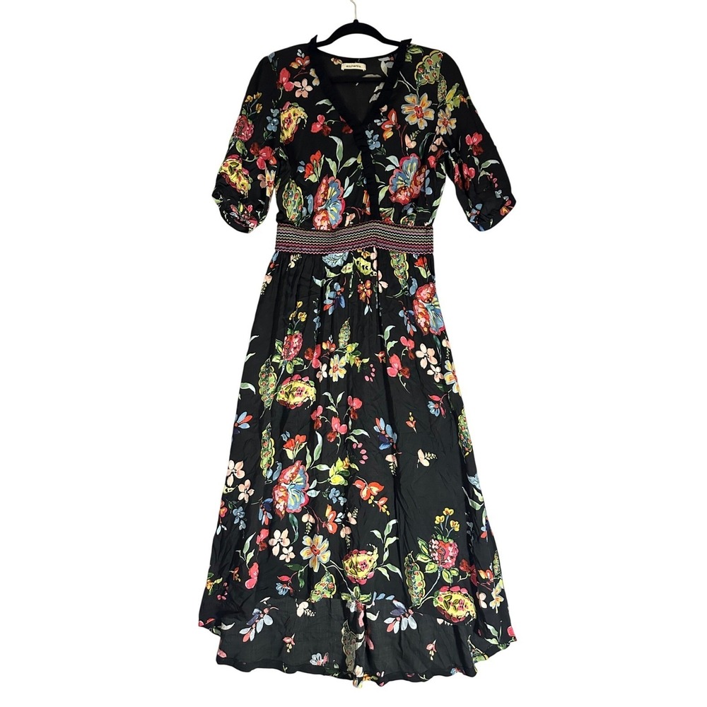 Aldomartins Dark Floral Bamboo Maxi Dress Sz 8 Smocked Waist High Low Boho Chic